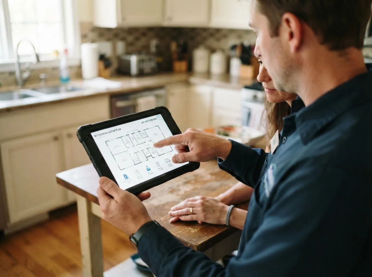 Water damage restoration technician inspecting a home in Ingalls, KS